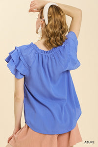 Umgee Azure Blue Top with Short Ruffled Sleeves FINAL SALE Top Umgee   