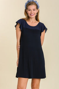 Umgee Pleated Round Neck Chiffon Dress with Flutter Cap Sleeves in Navy Dress Umgee   