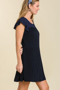 Umgee Pleated Round Neck Chiffon Dress with Flutter Cap Sleeves in Navy Dress Umgee   