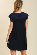 Load image into Gallery viewer, Umgee Pleated Round Neck Chiffon Dress with Flutter Cap Sleeves in Navy Dress Umgee   
