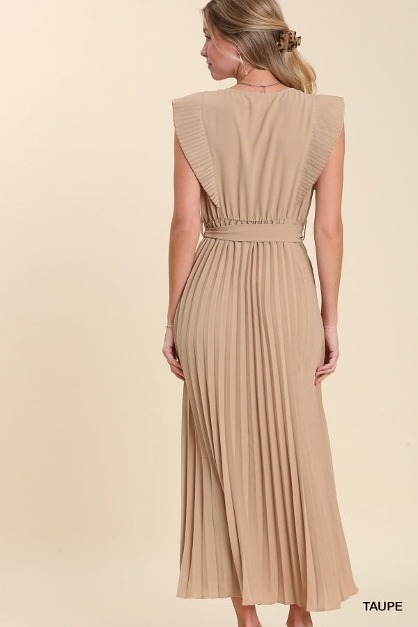 Pleated maxi discount dress in taupe