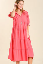 Load image into Gallery viewer, Umgee Collared Tiered Midi Dress in Coral Pink Dress Umgee   
