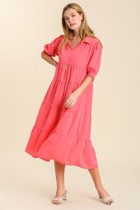 Umgee Collared Tiered Midi Dress in Coral Pink Dress Umgee   