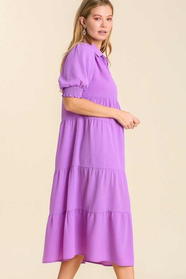 Umgee Collared Tiered Midi Dress in Lavender ON ORDER – June Adel