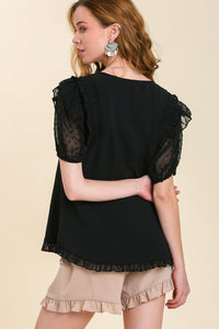 Umgee Top with Ruffled Shoulders and Polka Dot Details in Black Top Umgee   