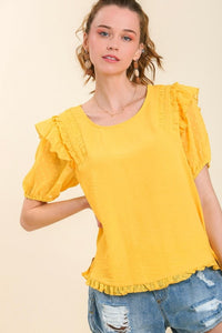 Umgee Top with Ruffled Shoulders and Polka Dot Details in Lemonade FINAL SALE Top Umgee