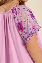 Load image into Gallery viewer, Umgee Linen Blend Top with Floral Sleeves in Light Lavender Mix Top Umgee   
