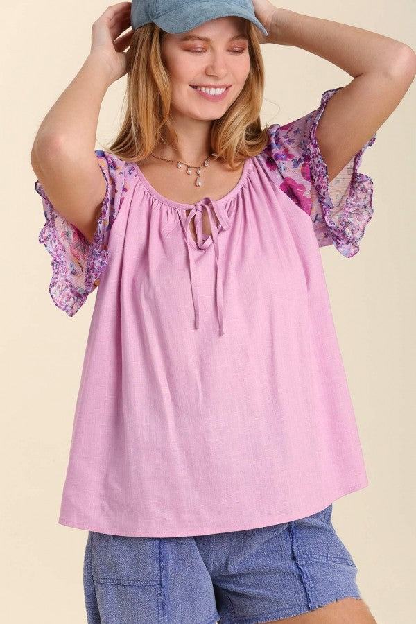 Umgee Linen Blend Top with Floral Sleeves in Light Lavender Mix FINAL SALE Top Umgee   