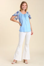 Load image into Gallery viewer, Umgee Linen Blend Top with Floral Sleeves in Sky Mix Top Umgee   
