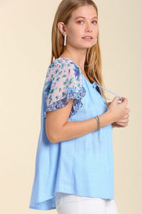 Umgee Linen Blend Top with Floral Sleeves in Sky Mix Top Umgee   