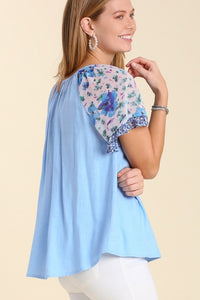 Umgee Linen Blend Top with Floral Sleeves in Sky Mix Top Umgee   