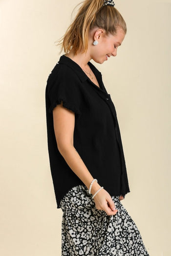 Umgee Short Sleeve Collared Button Up Top with Frayed Hem in Black Top Umgee   