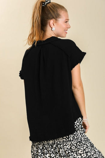 Umgee Short Sleeve Collared Button Up Top with Frayed Hem in Black Top Umgee   
