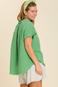 Umgee Short Sleeve Collared Button Up Top with Frayed Hem in Mint Green Top Umgee   