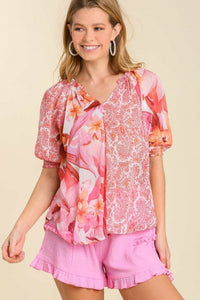 Umgee Mixed Print Floral Top in Coral Top Umgee   