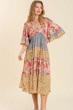 Load image into Gallery viewer, Umgee Mixed Floral Print Tiered V-Neck Midi Dress in Coral Mix Dress Umgee   
