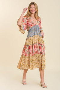 Umgee Mixed Floral Print Tiered V-Neck Midi Dress in Coral Mix ON ORDER Dress Umgee   