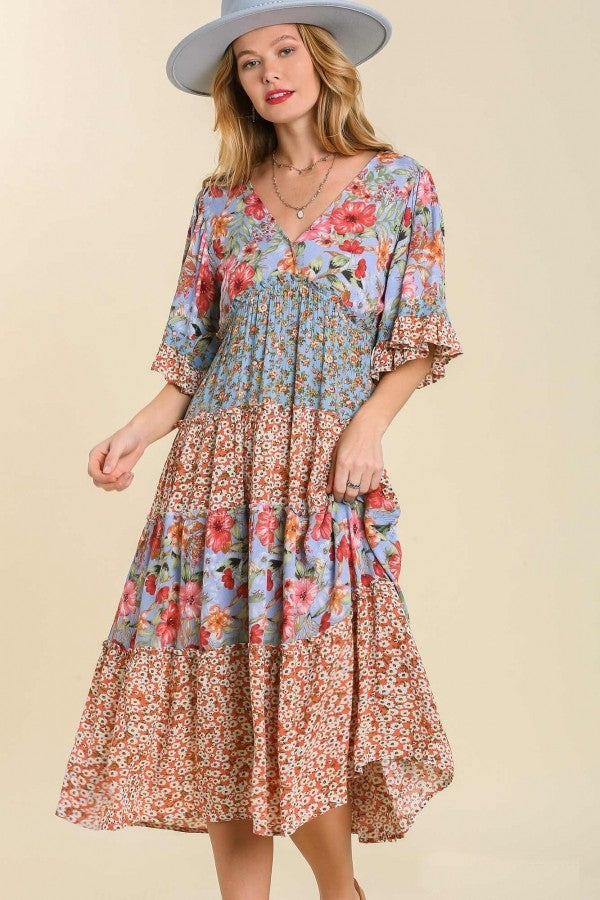 Umgee Mixed Floral Print Tiered V-Neck Midi Dress in Peri Blue Mix
