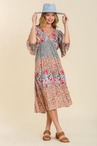 Umgee Mixed Floral Print Tiered V-Neck Midi Dress in Peri Blue Mix Dress Umgee   