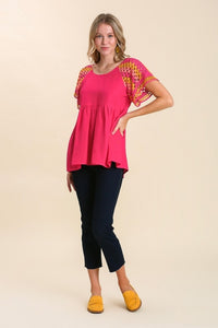 Umgee Baby Doll Top with Crochet Sleeves in Hot Pink-FINAL SALE top Umgee   
