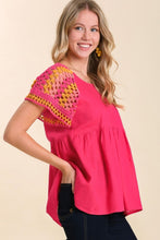 Load image into Gallery viewer, Umgee Baby Doll Top with Crochet Sleeves in Hot Pink-FINAL SALE top Umgee   
