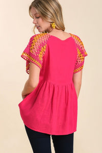 Umgee Baby Doll Top with Crochet Sleeves in Hot Pink-FINAL SALE top Umgee   