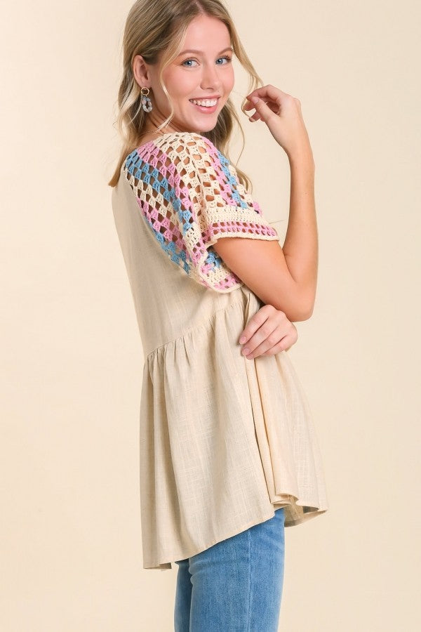 Umgee Baby Doll Top with Crochet Sleeves in Oatmeal June Adel