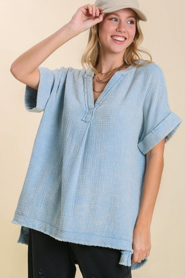 Umgee Mineral Wash Gauze Fabric Tunic Top in Light Denim Blue Color  Umgee   
