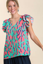 Load image into Gallery viewer, Abstract Print V-Neck Top with Double Layer Ruffle Sleeves in Mint Mix Top Umgee   
