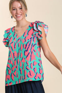 Abstract Print V-Neck Top with Double Layer Ruffle Sleeves in Mint Mix Top Umgee   