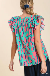 Abstract Print V-Neck Top with Double Layer Ruffle Sleeves in Mint Mix Top Umgee   