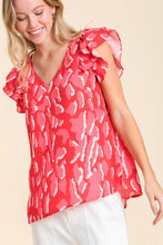 Load image into Gallery viewer, Abstract Print V-Neck Top with Double Layer Ruffle Sleeves in Scarlet Mix Top Umgee   
