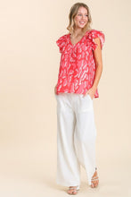 Load image into Gallery viewer, Abstract Print V-Neck Top with Double Layer Ruffle Sleeves in Scarlet Mix Top Umgee   

