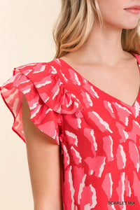 Abstract Print V-Neck Top with Double Layer Ruffle Sleeves in Scarlet Mix Top Umgee   