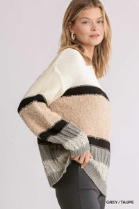Umgee Multicolor Mixed Fabric Pullover Sweater in Grey/Taupe FINAL SALE Top Umgee   