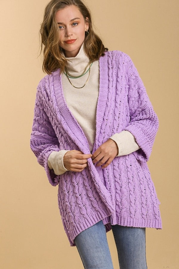 Umgee Open Front Cable Knit Cardigan in Lilac FINAL SALE Cardigan Umgee   