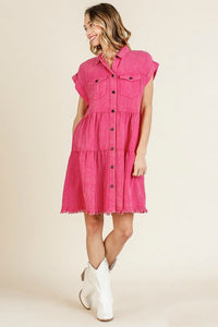 Umgee Hot Pink Tiered Dress with Frayed Hem Dresses Umgee   