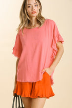 Load image into Gallery viewer, Umgee Linen Blend Top with Short Ruffled Sleeves in Cantaloupe Shirts &amp; Tops Umgee   
