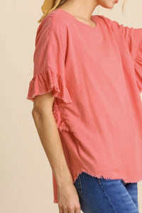 Umgee Linen Blend Top with Short Ruffled Sleeves in Cantaloupe Shirts & Tops Umgee   