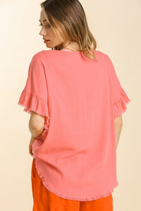 Umgee Linen Blend Top with Short Ruffled Sleeves in Cantaloupe Shirts & Tops Umgee   