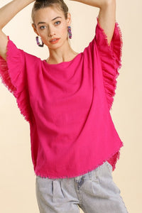Umgee Linen Blend Top with Short Ruffled Sleeves in Hot Pink Shirts & Tops Umgee   