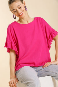 Umgee Linen Blend Top with Short Ruffled Sleeves in Hot Pink Shirts & Tops Umgee   