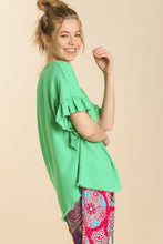 Load image into Gallery viewer, Umgee Linen Blend Top with Short Ruffled Sleeves in Lime Green Shirts &amp; Tops Umgee   
