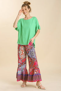 Umgee Linen Blend Top with Short Ruffled Sleeves in Lime Green Shirts & Tops Umgee   