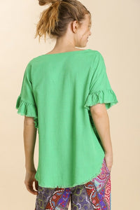 Umgee Linen Blend Top with Short Ruffled Sleeves in Lime Green Shirts & Tops Umgee   