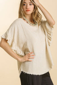 Umgee Linen Blend Top with Short Ruffled Sleeves in Oatmeal Shirts & Tops Umgee   