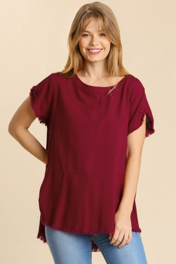 Umgee Linen Frayed Top in Crimson Shirts & Tops Umgee   