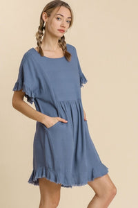 Umgee Short Linen Blend Dress in Dusty Blue  Umgee   