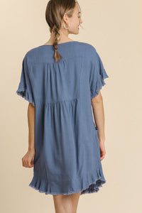 Umgee Short Linen Blend Dress in Dusty Blue FINAL SALE  Umgee   