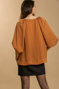 Umgee Washed Satin Top with Half Puff Sleeves in Golden Ochre Shirts & Tops Umgee   